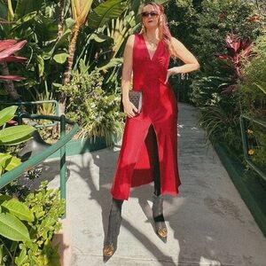 NWT Ciebon Nordstrom Red Satin Vneck Sleeveless Slip Dress with cutout back